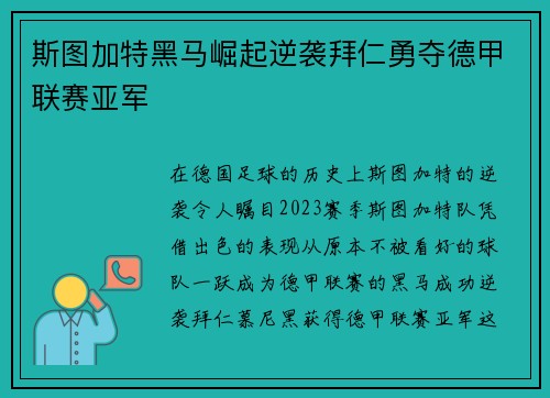 斯图加特黑马崛起逆袭拜仁勇夺德甲联赛亚军 斯图加特黑马崛起逆袭拜仁勇夺德甲联赛亚军